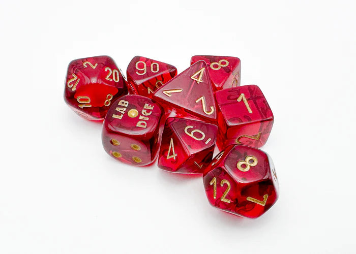 Lab Dice 7: Translucent Polyhedral Crimson/gold 7-Die Set (with bonus die)