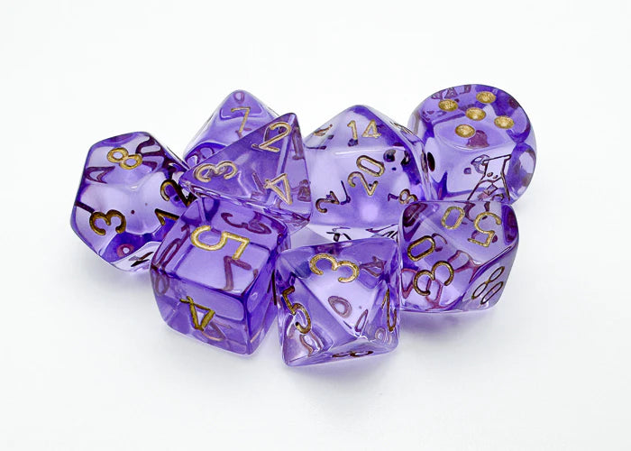 Lab Dice 7: Translucent Polyhedral Lavender/gold 7-Die Set (with bonus die)